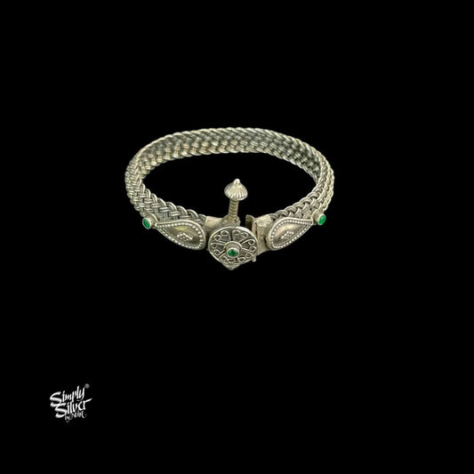 Silver Openable Twisted Kada with Red & Green Stone