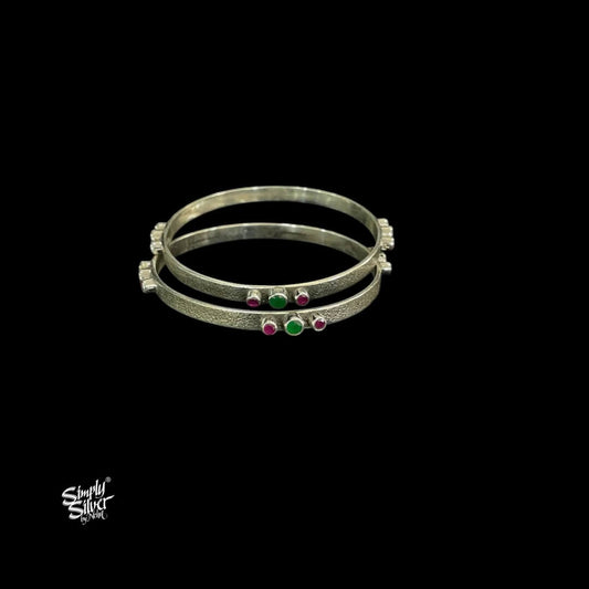 Silver Pink & Green Color Stone Bangles Pair