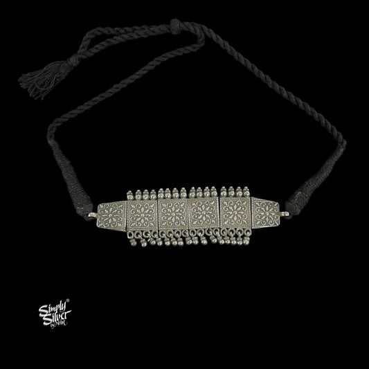 Silver Statement Square Flower Choker with Ghungroos