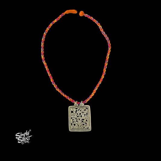 Silver Designer Rectangle Jali Flower Pendant-1