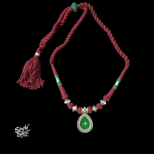 Green Color Hand Painted Glass & Silver Beads Choker-1