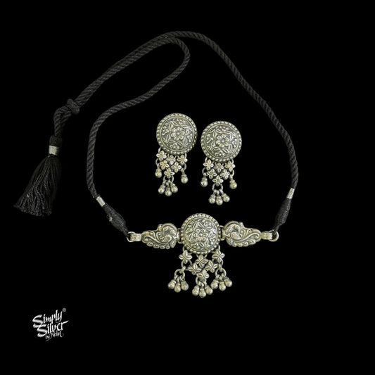 Silver Center Flower Ghungroos & Peacocks Choker with Earrings Set - MH5845