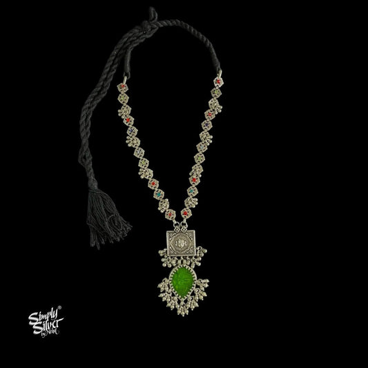 Silver Statement Big Green Glass & Ghungroos Necklace with Multi Color Stone Jaali Chain - MH5912