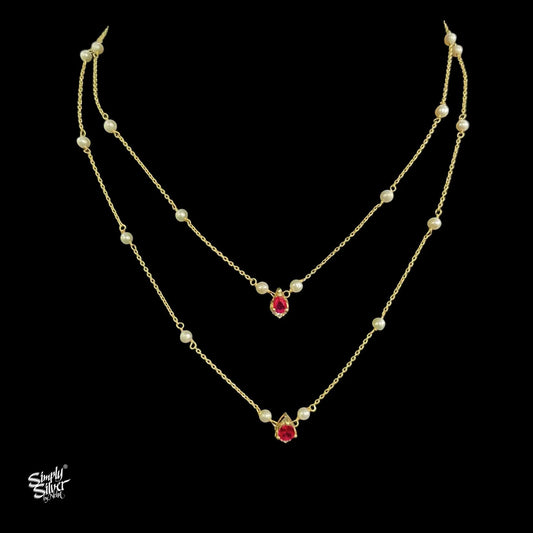 Gold Polish Pearl Chain with White & Pink Stone Necklace-1