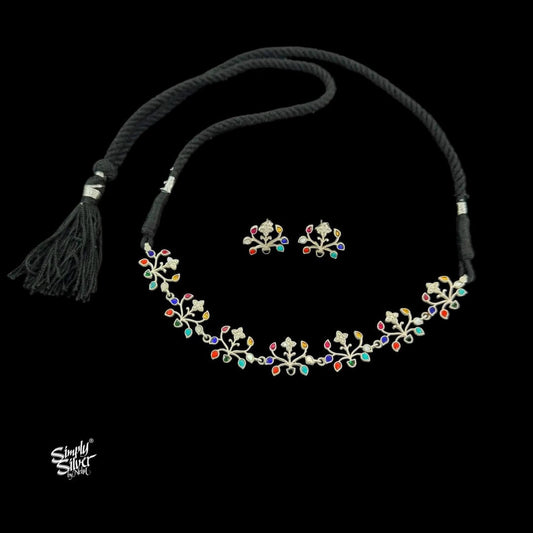 Silver Designer Multi Color Kundan Jaali Folwer Choker with Earrings Set - MH6152