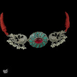 Kundan work Flower with Silver Peacocks & Pearls Statement Necklace - MH2254