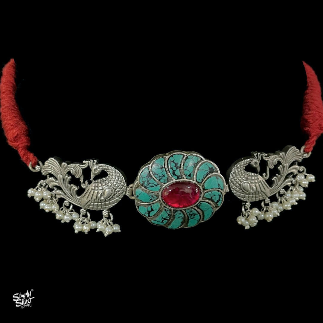 Kundan work Flower with Silver Peacocks & Pearls Statement Necklace - MH2254