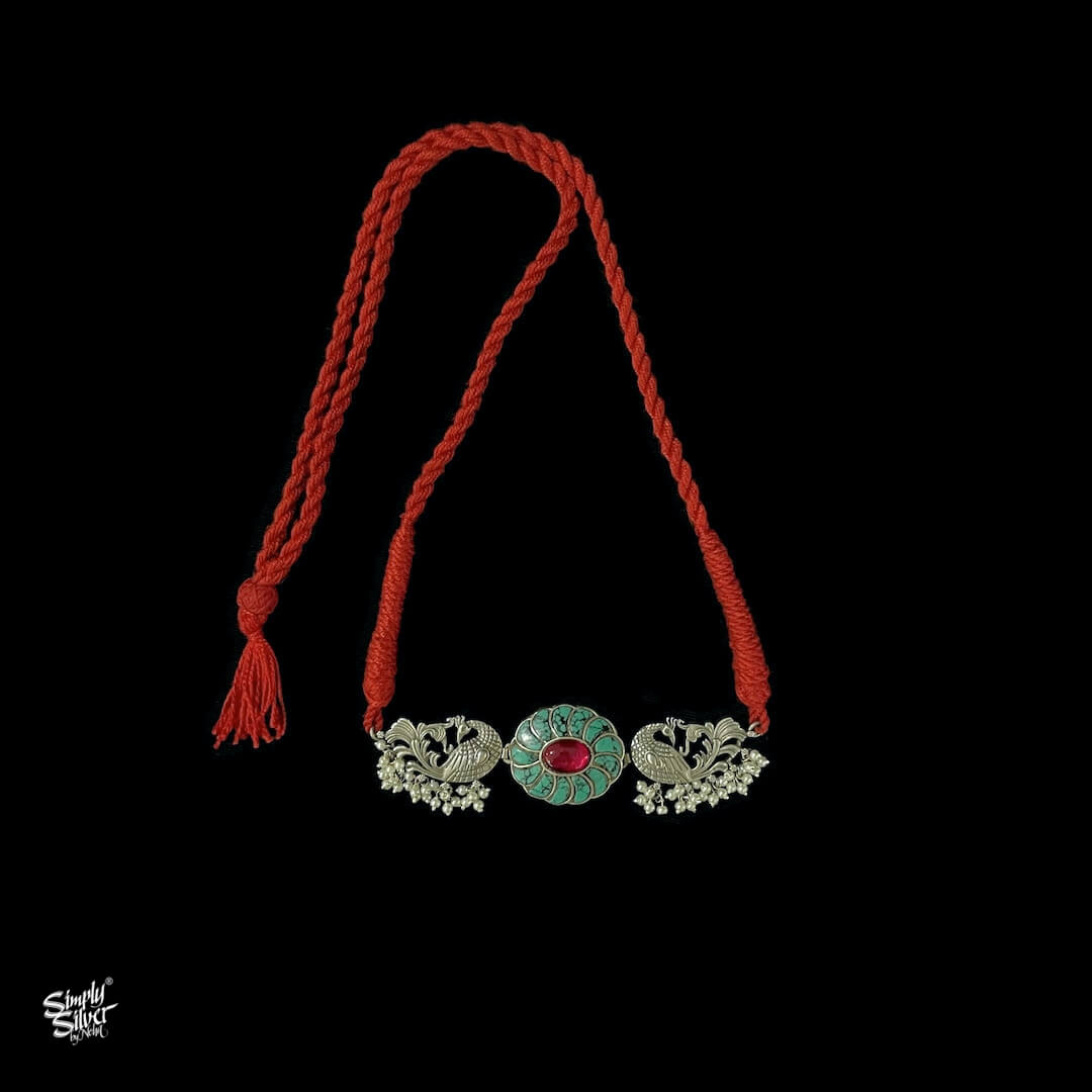 Kundan work Flower with Silver Peacocks & Pearls Statement Necklace - MH2254