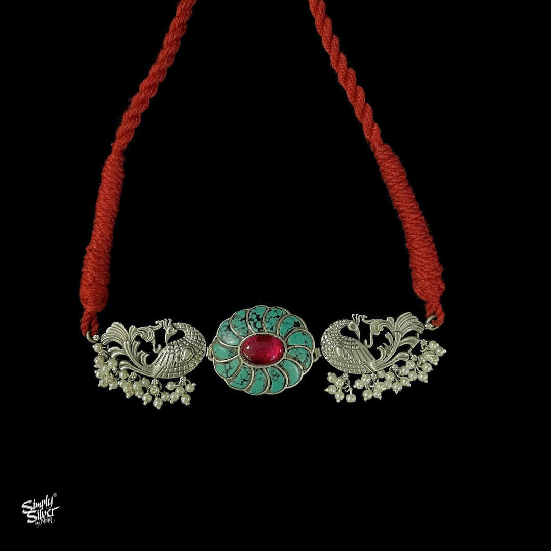 Kundan work Flower with Silver Peacocks & Pearls Statement Necklace - MH2254
