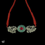Kundan work Flower with Silver Peacocks & Pearls Statement Necklace - MH2254