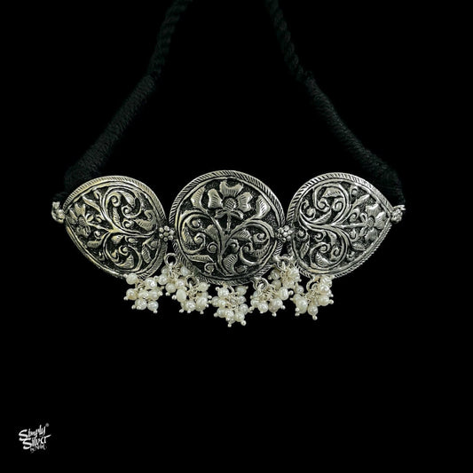 Silver Flower Choker with Pearls & Earring Set - MH2302