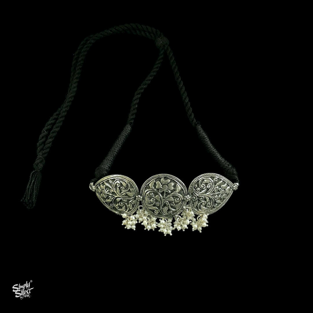 Silver Flower Choker with Pearls & Earring Set - MH2302