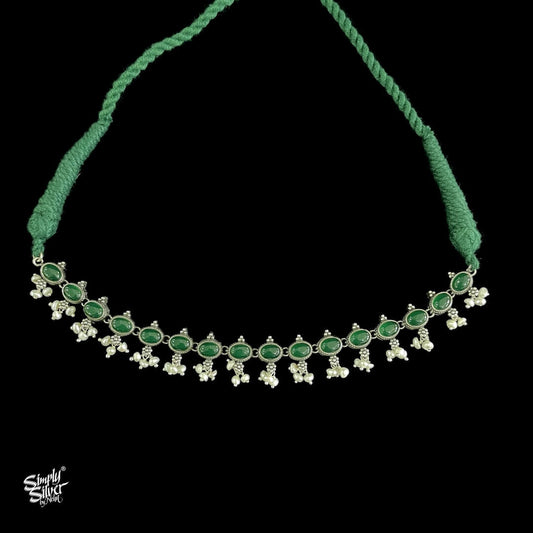 Emerald Colored Stones & Pearls Choker & Earring Set - MH2718