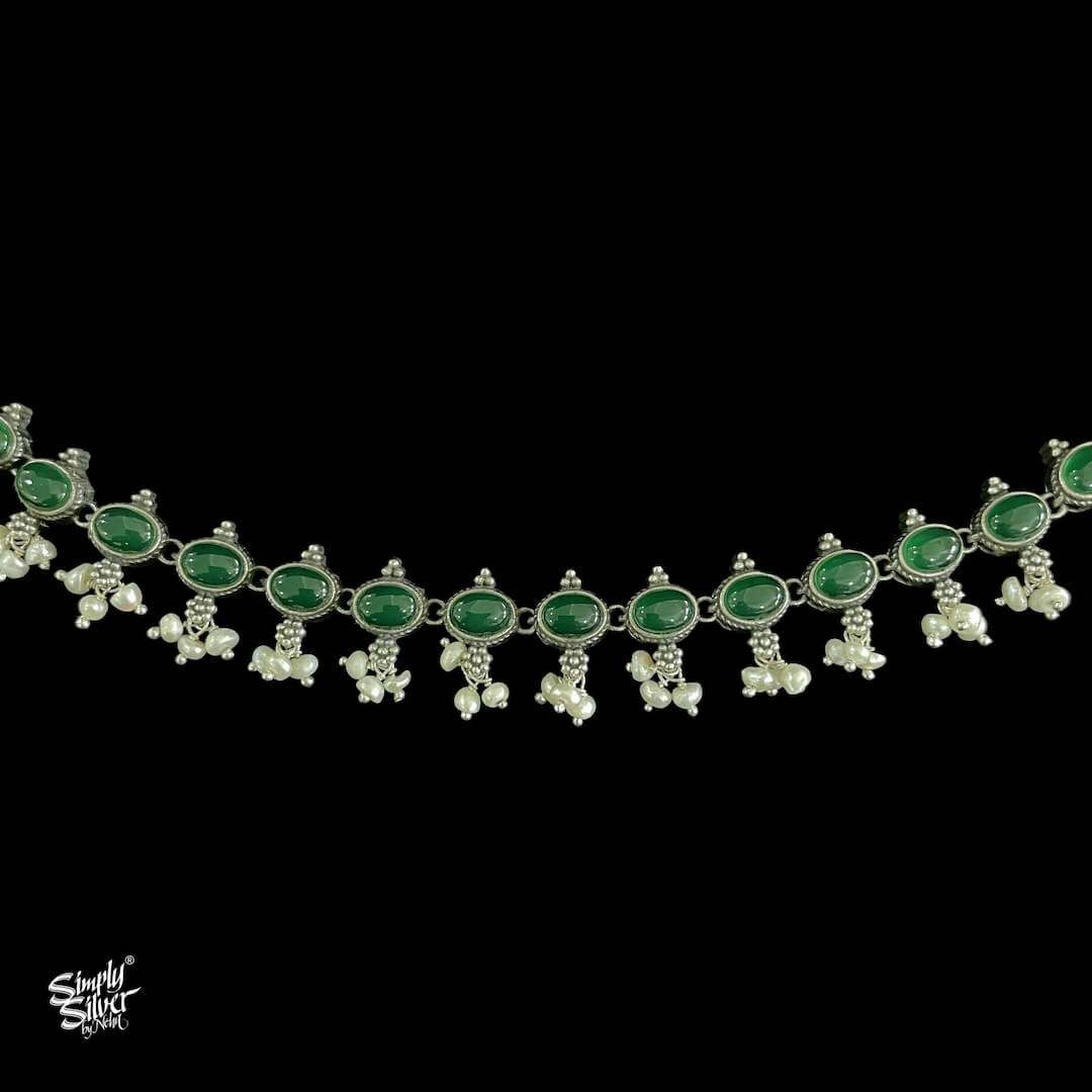 Emerald Colored Stones & Pearls Choker & Earring Set - MH2718