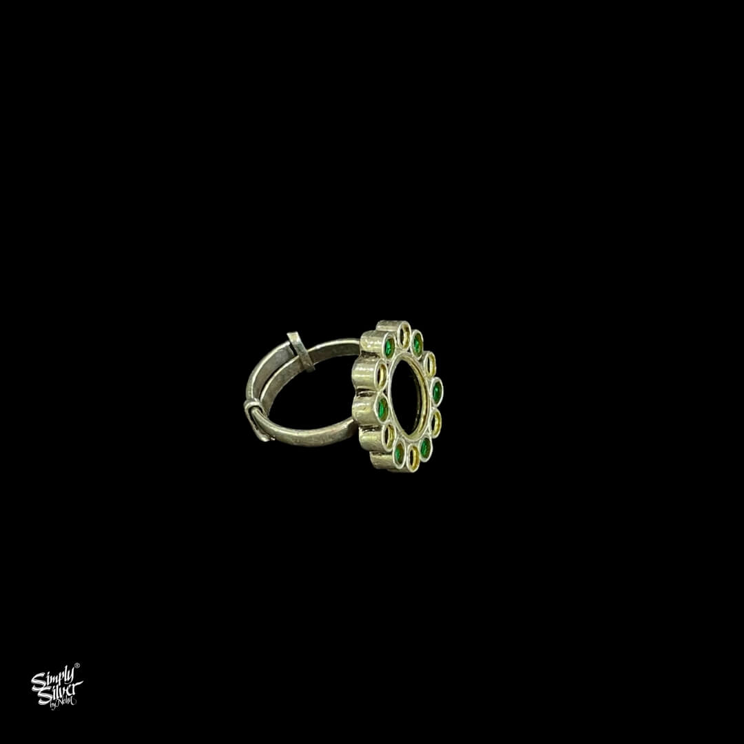 Silver Multi Color Glass Flower Ring - MH3409