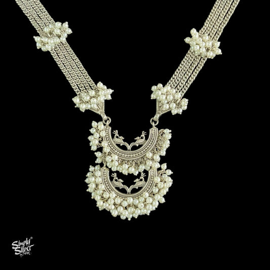 Statement Tribal Silver Chain Necklace with Peacocks, Chaands & Pearls - MH3792