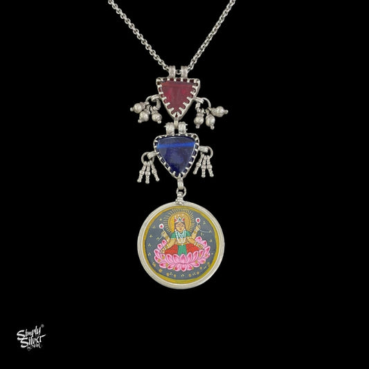 Statement Red & Blue Stone Silver Chain Necklace With  Hand Painted Goddess - MH3967