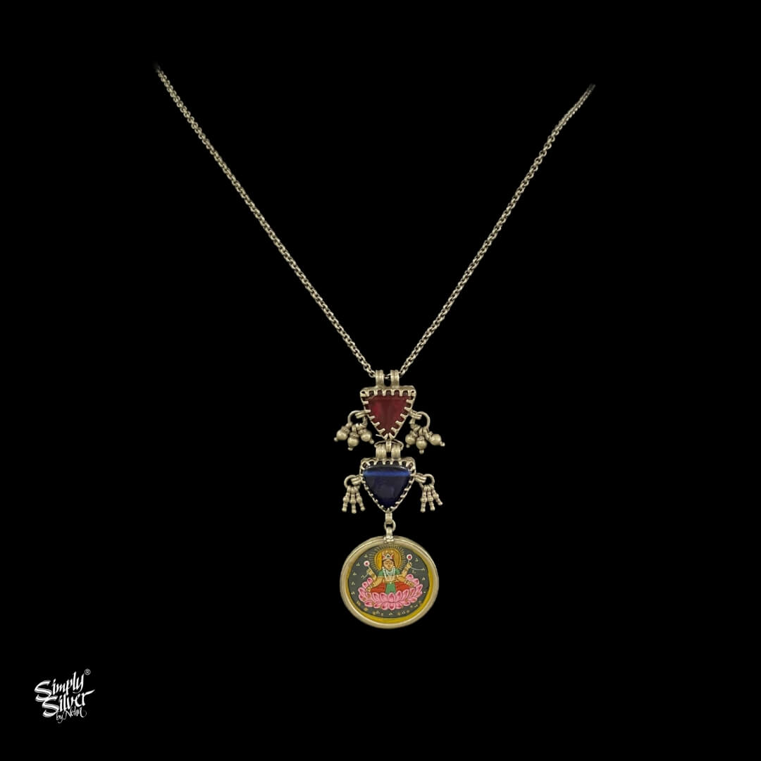 Statement Red & Blue Stone Silver Chain Necklace With  Hand Painted Goddess - MH3967