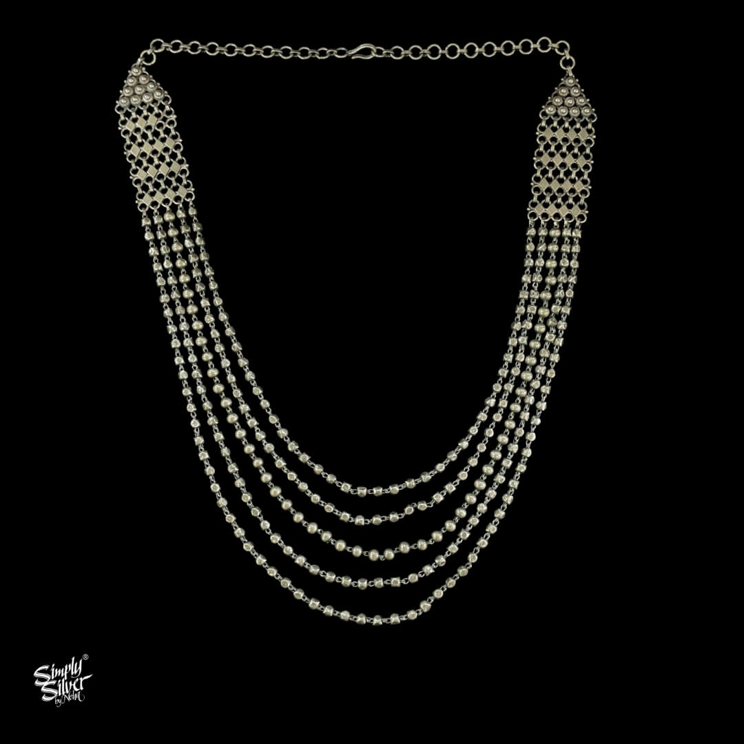 Statement Silver Chatai Necklace with Five Ball Chain - MH4053