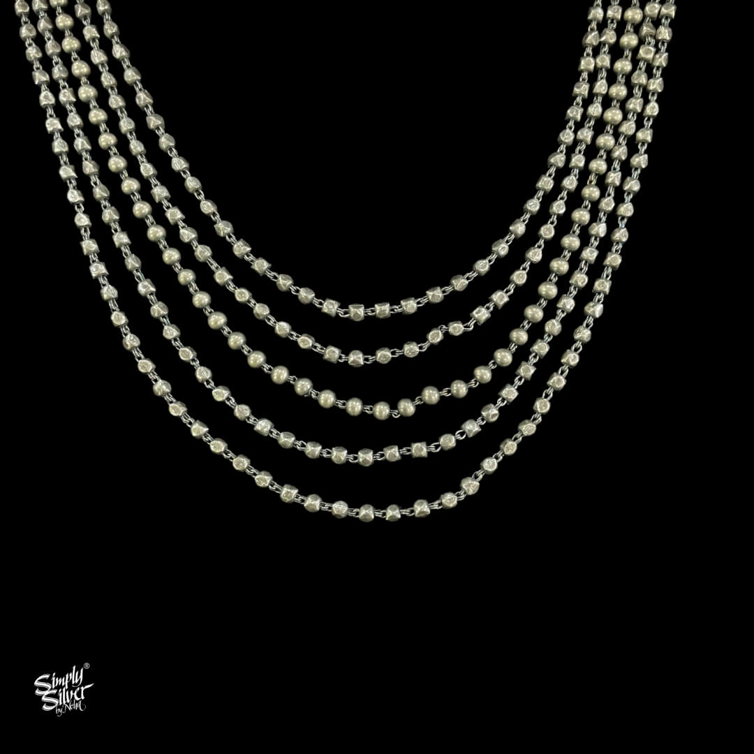 Statement Silver Chatai Necklace with Five Ball Chain - MH4053
