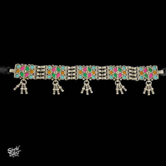 Traditional Rajasthani Multi Color Glass Silver Choker - MH4055
