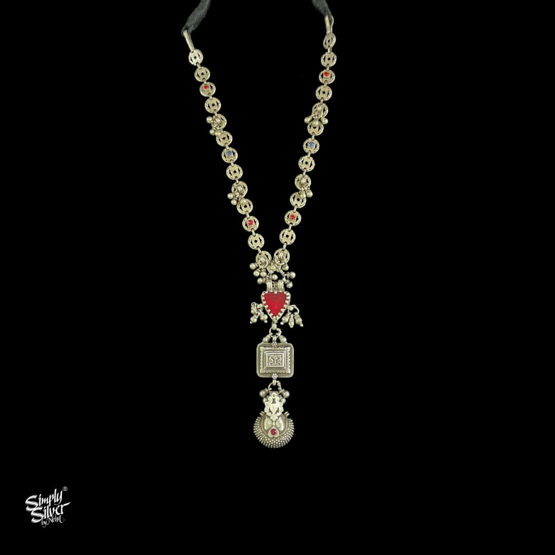 Statement Silver Multi Color Stones Chain Ghungroos Necklace With Traditional Hanging Borla - MH4102