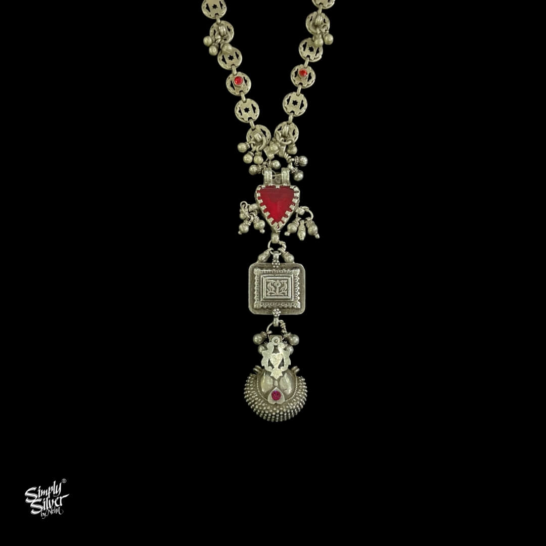 Statement Silver Multi Color Stones Chain Ghungroos Necklace With Traditional Hanging Borla - MH4102