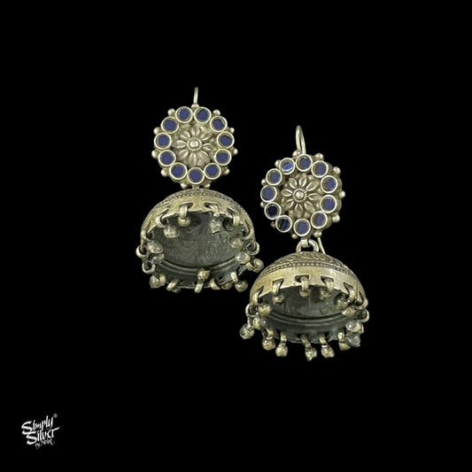 Silver Blue Color Glass Flower Hooks with Floral Jhumka - MH4161