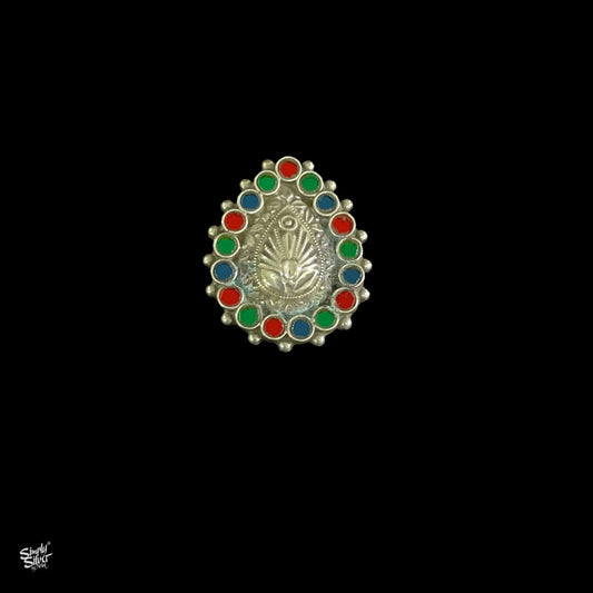Traditional Rajasthani Silver Flower Ring with Multi Color Glass Setting  - MH4302