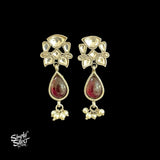 Silver Kundan Flower Studs with Hanging Pink Stone & Pearls - MH4364