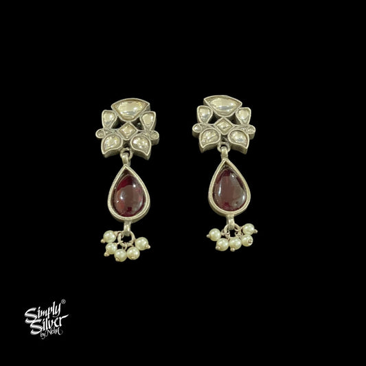 Silver Kundan Flower Studs with Hanging Pink Stone & Pearls - MH4364