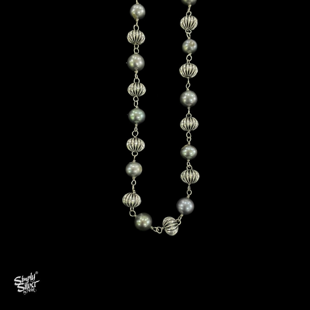 Silver Statement Neckpiece With Grey Pearls & Beads - MH4380