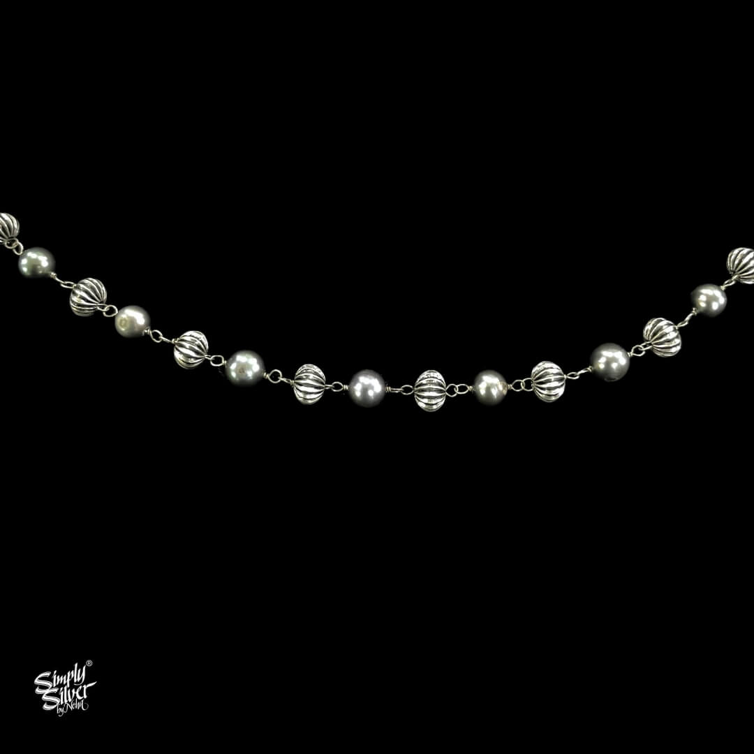 Silver Statement Neckpiece With Grey Pearls & Beads - MH4380