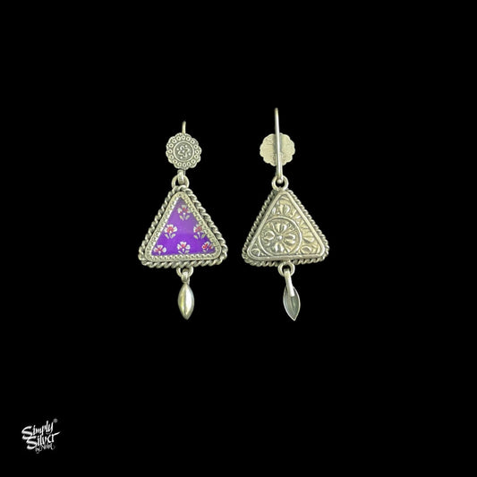 Silver Round Flower Hooks with Traingle Purple Color Hand Painted Glass & Dangler - MH4467