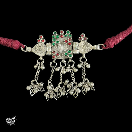 Silver Statement Green & Red Color Stone Choker with Chain & Ghungroos - MH4473