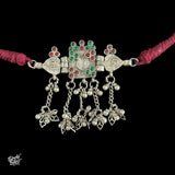Silver Statement Green & Red Color Stone Choker with Chain & Ghungroos - MH4473