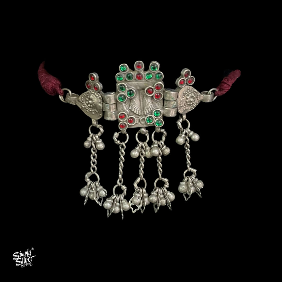 Silver Statement Green & Red Color Stone Choker with Chain & Ghungroos - MH4473