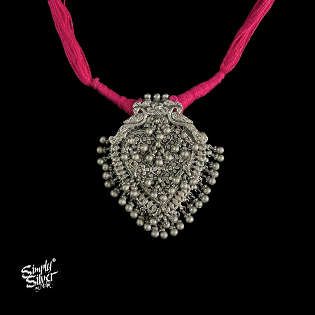 Silver Statement Big Heart Pendant With Peacocks & Ghungroos - MH4540