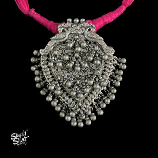 Silver Statement Big Heart Pendant With Peacocks & Ghungroos - MH4540