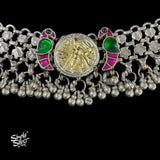 Silver Statement Jaali Choker with Dual Tone & Kundan Birds & Ghungroos - MH4576