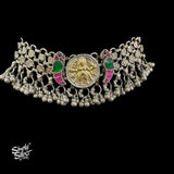 Silver Statement Jaali Choker with Dual Tone & Kundan Birds & Ghungroos - MH4576