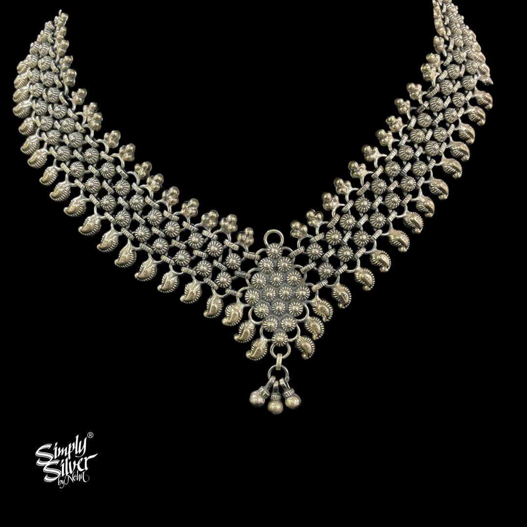 Silver Statement Jaali Flower Neckpiece - MH4578
