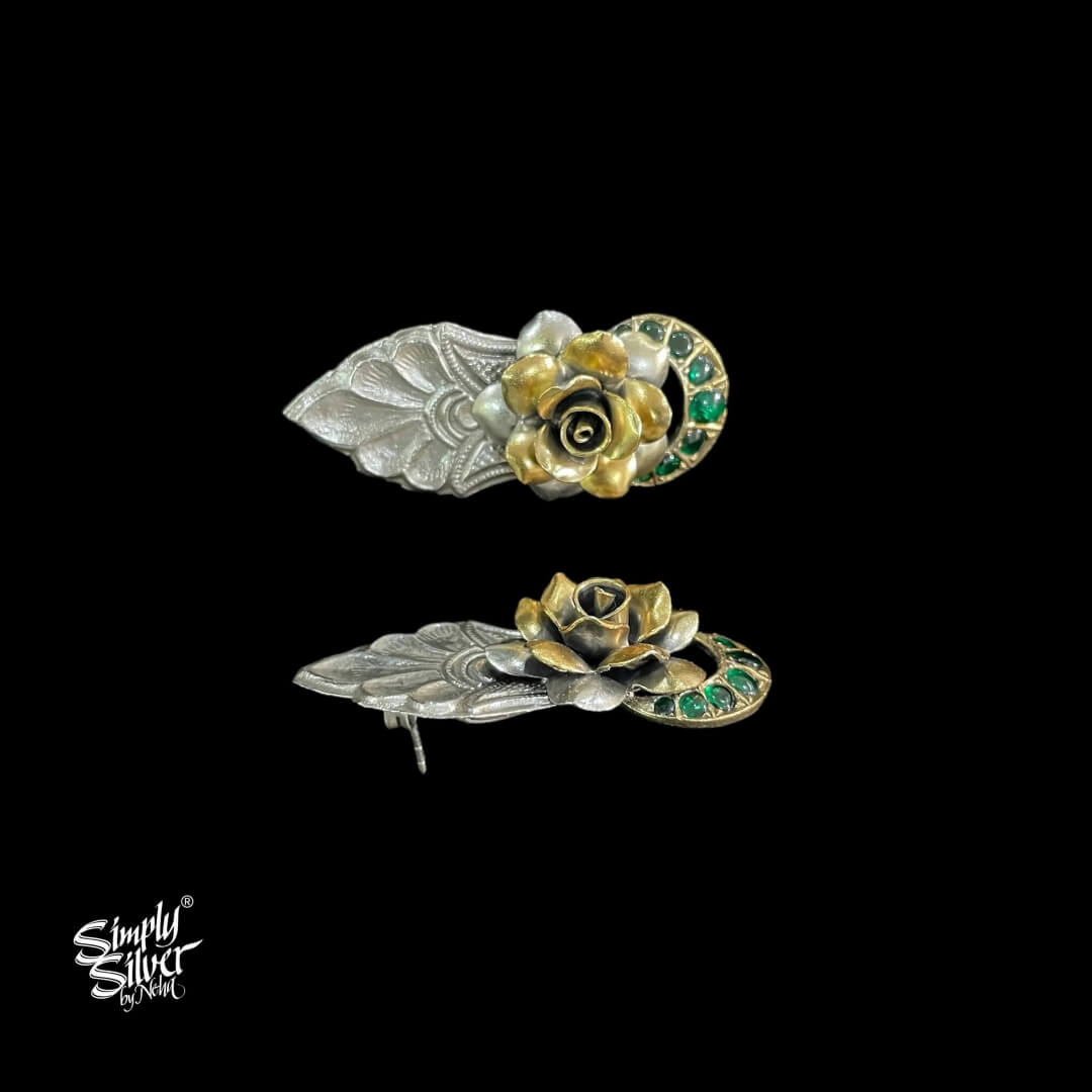 Silver Dual Tone Rose 3D Flower Studs With Green Color Kundan Chaand - MH4624
