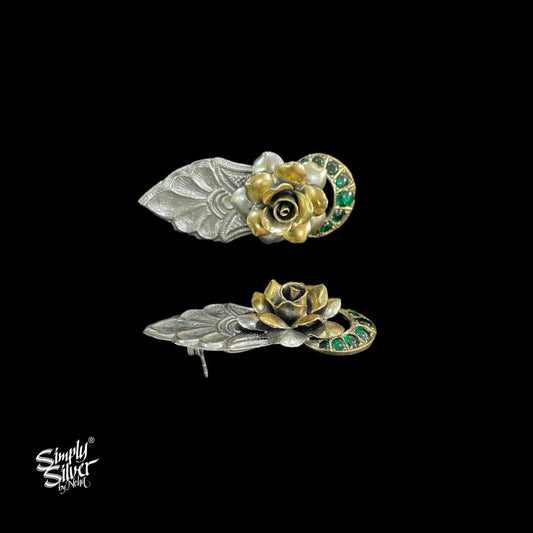 Silver Dual Tone Rose 3D Flower Studs With Green Color Kundan Chaand - MH4624
