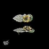 Silver Dual Tone Rose 3D Flower Studs With Green Color Kundan Chaand - MH4624