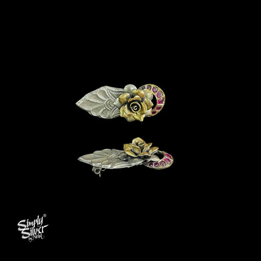 Silver Dual Tone Rose  3D Flower Studs With Pink Color Kundan Chaand - MH4625