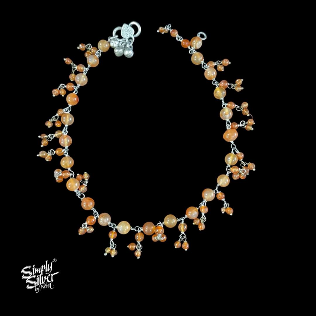 Silver Orange Color Stone Anklets Pair - MH4669