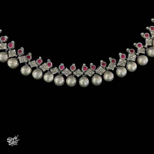 Silver Statement Choker With Pink Color Stone & Beads - MH4761