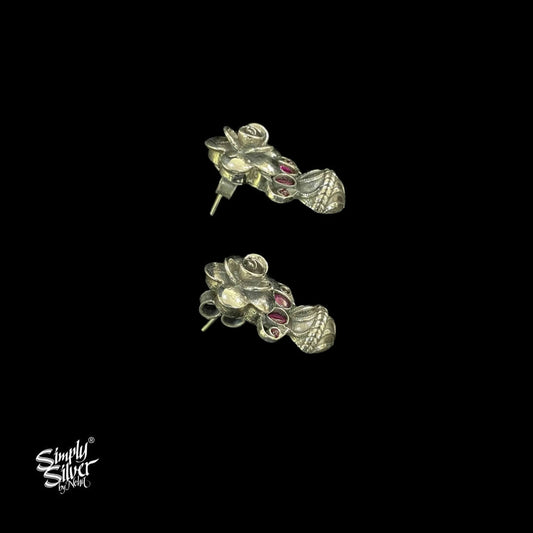 Silver 3D Flower Studs with Ruby Color Kundan - MH4792