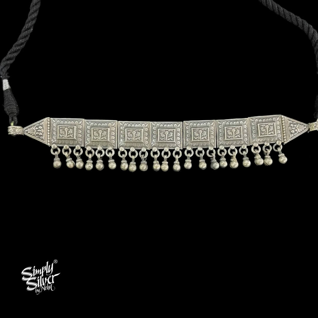Silver Statement Square Flowers & Birds Choker with Ghungroos - MH4808